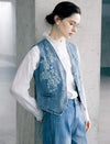 Lace Embroidered Beaded Denim Vest