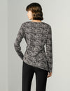 Ink-Print Round Neck Waist-Defining Long-Sleeve Blouse