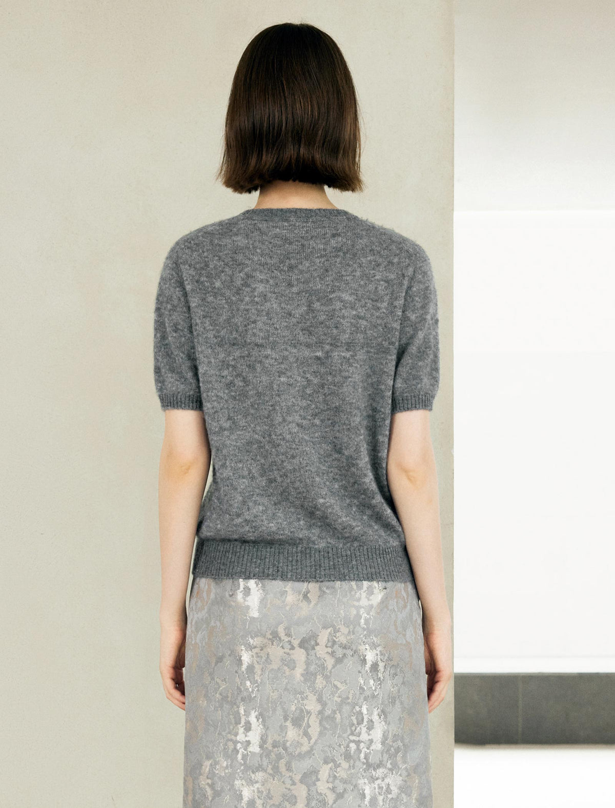 Wool Blend Pearl Brooch Short Sleeve Sweater