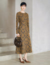 Pearl Beaded Crewneck Side Gathering Baroque Floral Knit Dress