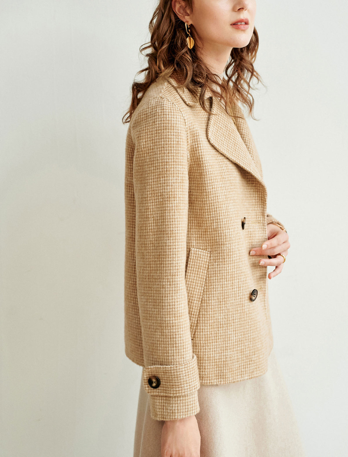 Wool Blend Plaid Notched-Lapel Double-Breasted Blazer