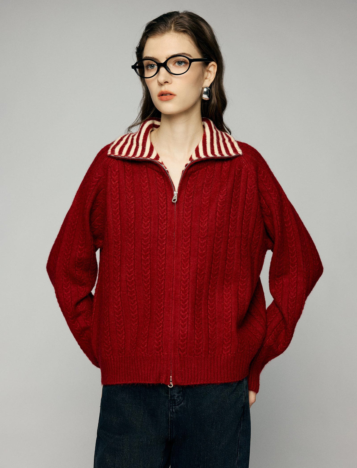 Striped-Collar Cable-Knit Long Sleeve Zip-Front Cardigan