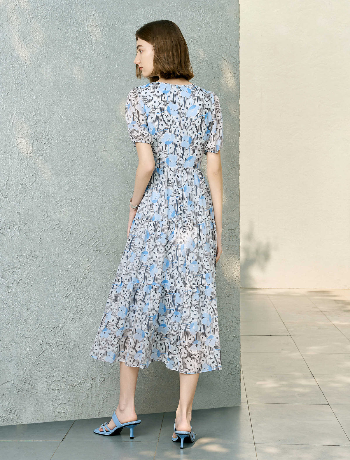 Chiffon Blue Floral Tiered Midi Dress