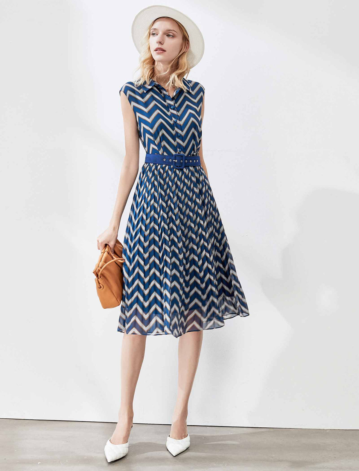 Striped Print Waist-Cinched Sleeveless A-Line Midi Dress