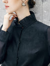 Stand Collar Sheer Long Sleeve Blouse with Frog Buttons