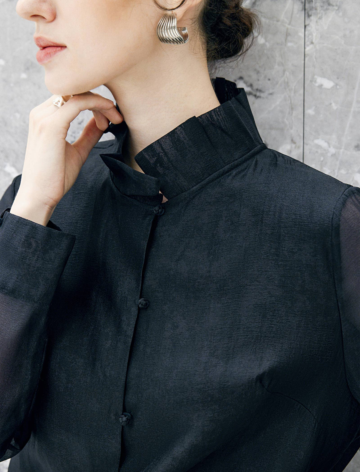 Stand Collar Sheer Long Sleeve Blouse with Frog Buttons