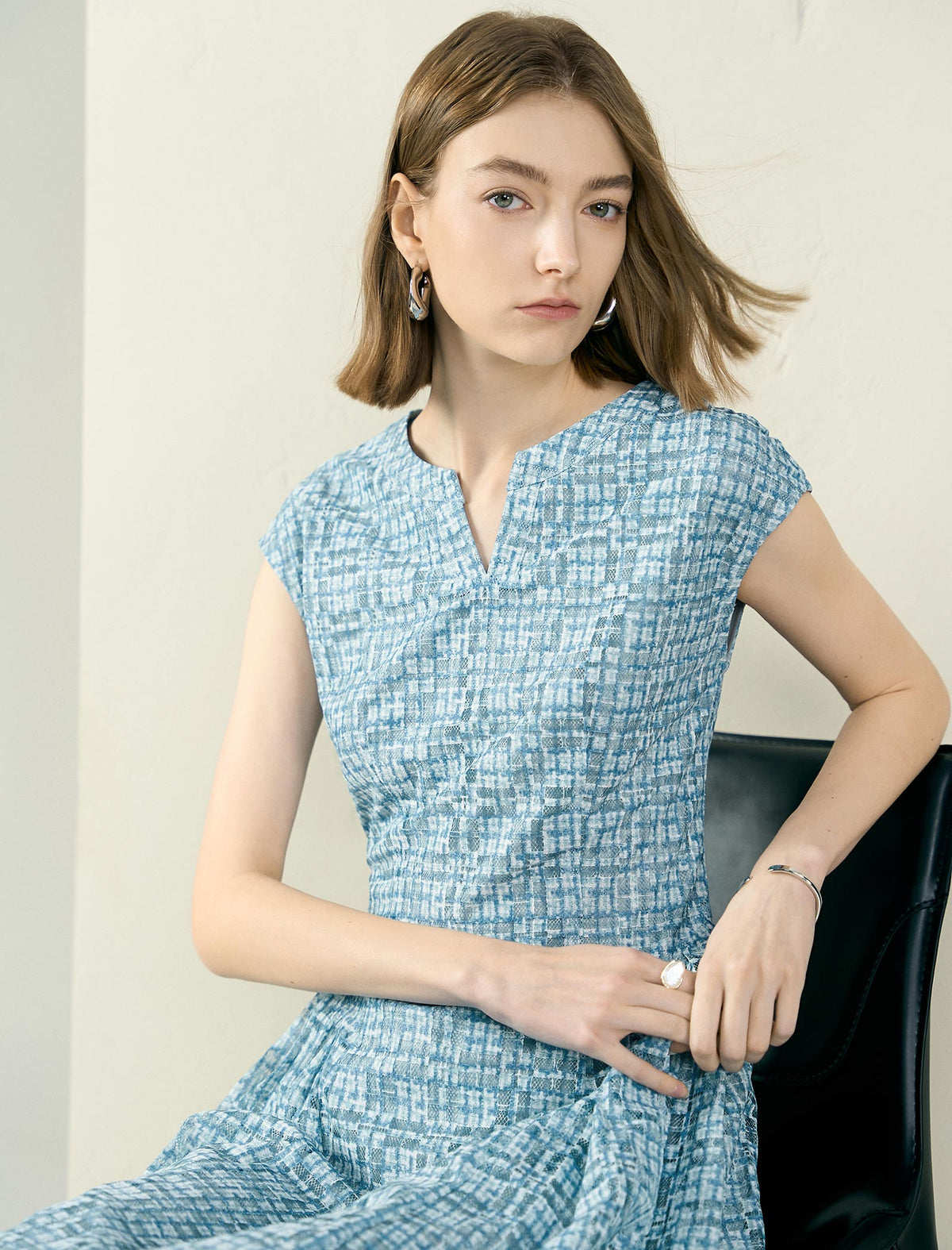 Openwork Print Cap Sleeve Midi Dress