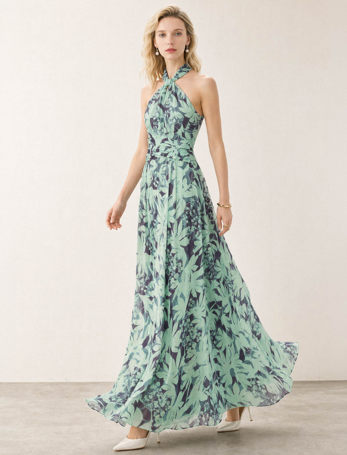 Green Tropical Leaf Print Halter Maxi Dress