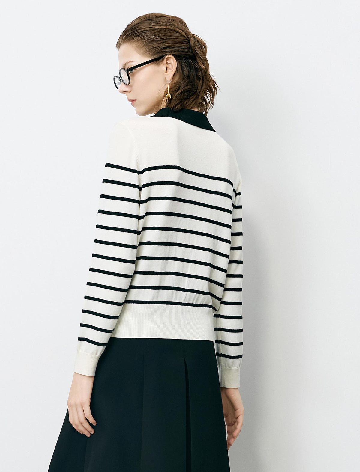 Striped Lapel Slim Fit Long-Sleeve Knit Sweater