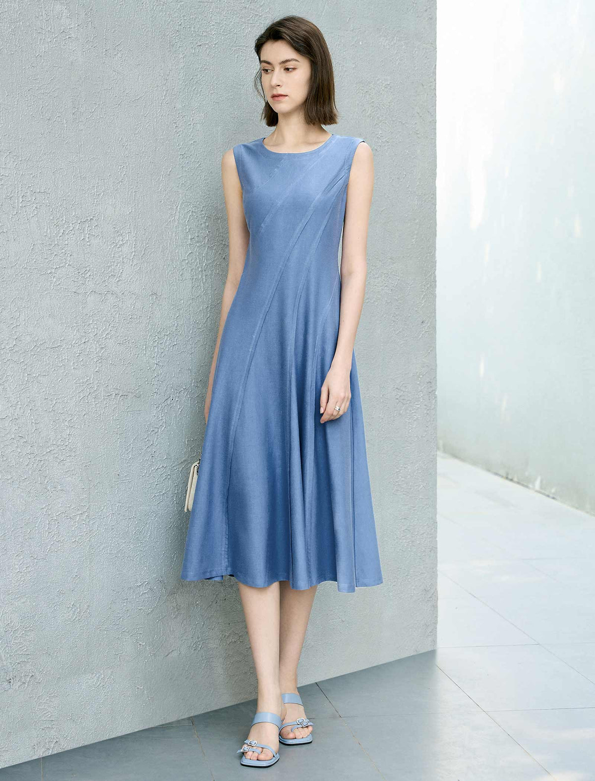 Solid Waist-Cinched A-Line Sleeveless Dress