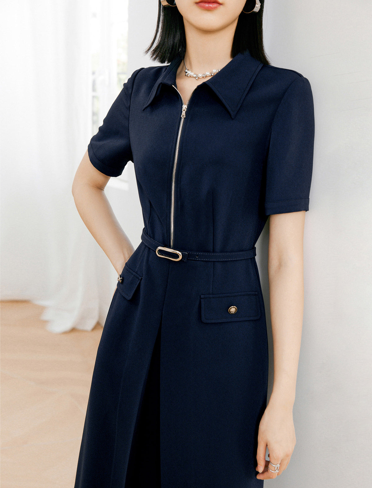 Vintage Collar Zipper Front Short Sleeve Knee Length Dress