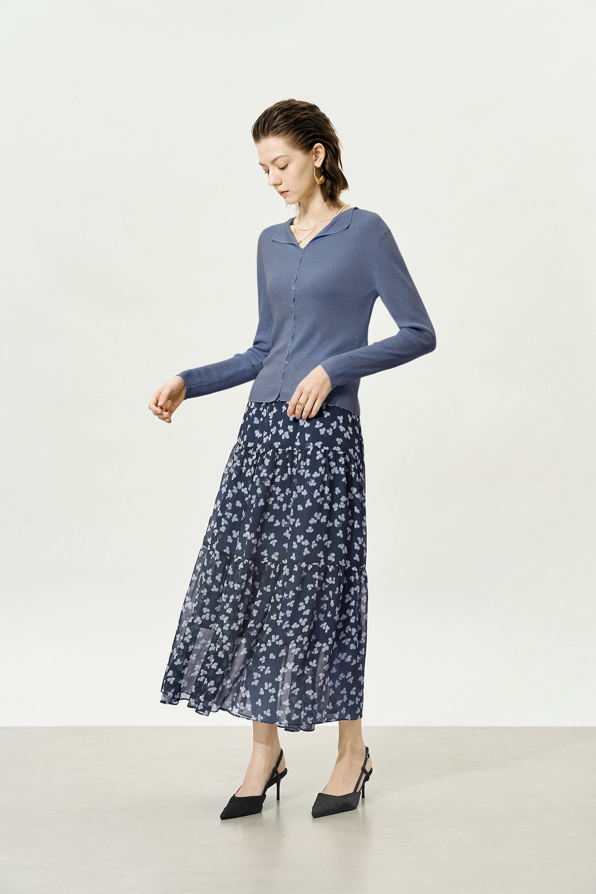 Navy Floral Multi-Layered Midi Skirt