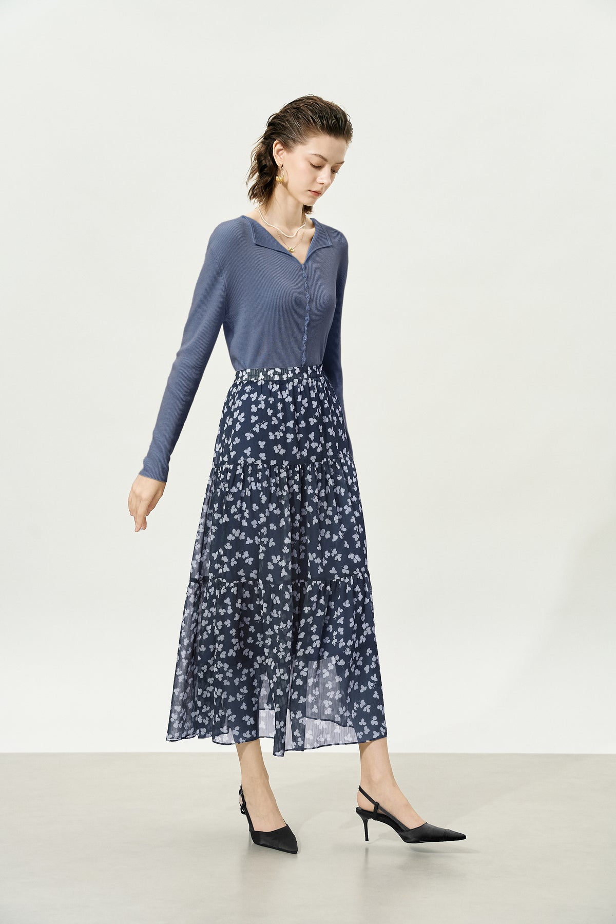 Navy Floral Multi-Layered Midi Skirt