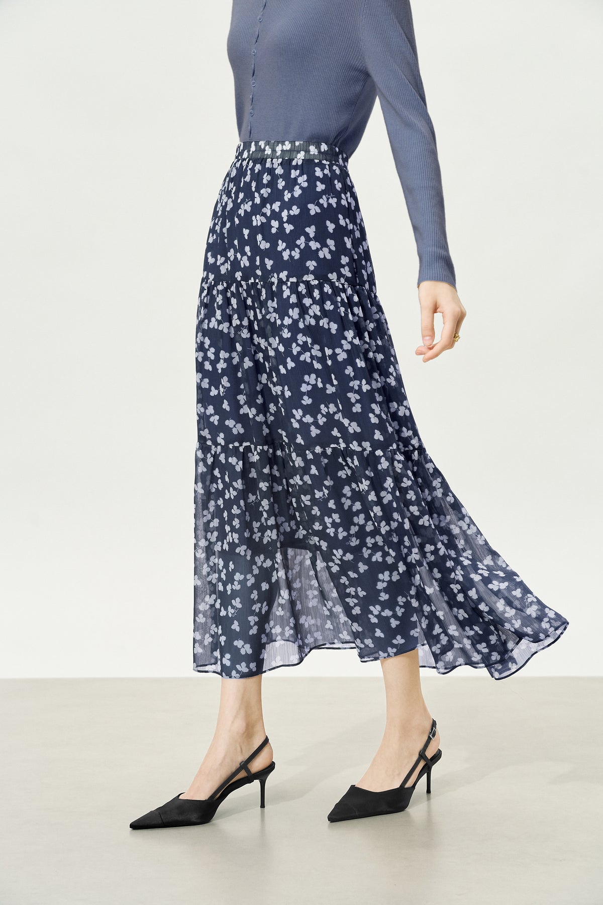 Navy Floral Multi-Layered Midi Skirt