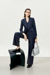 Navy High-Waisted Loose Straight Leg Suit Pants
