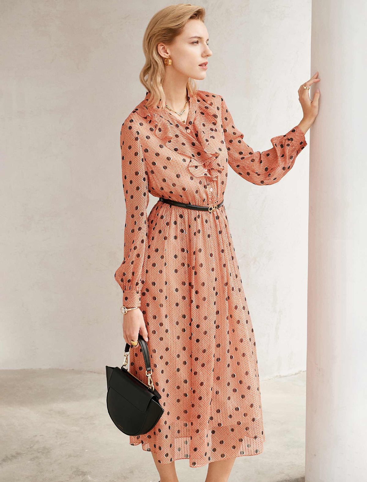 Peach Polka Dot Ruffled Neck Midi Dress