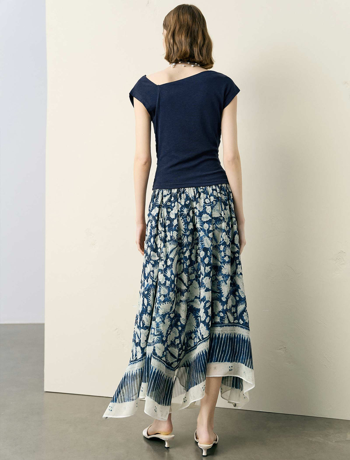 Navy Blue Asymmetric Neck Ruched Knit Top