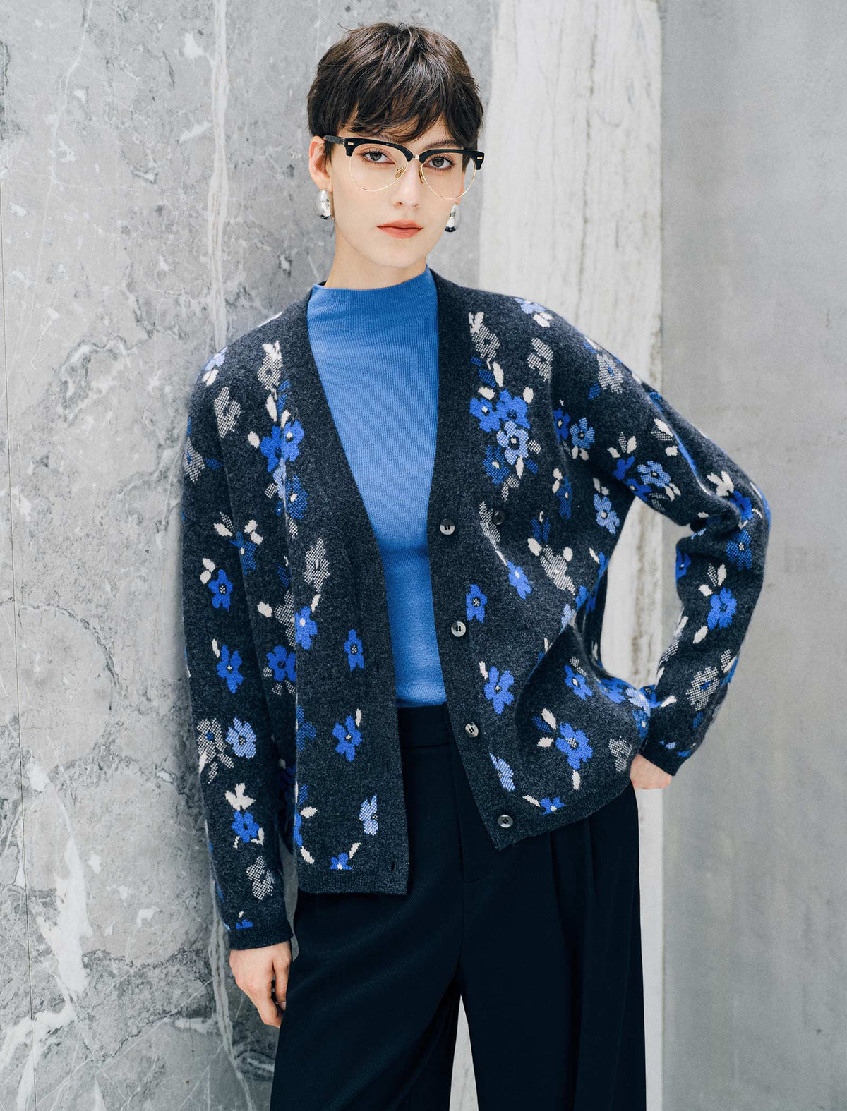 Floral V-Neck Button Front Knit Cardigan