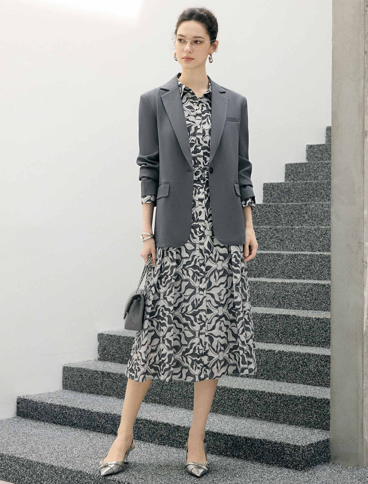 Abstract Floral Print Belted Long Sleeve Midi Shirt Dress