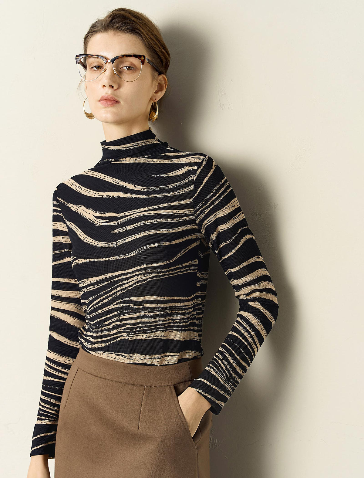Zebra Print Mock-Neck Long-Sleeve Knit Top