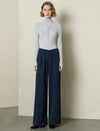 Navy Plaid Wool-Blend High Waist Wide Leg Pants