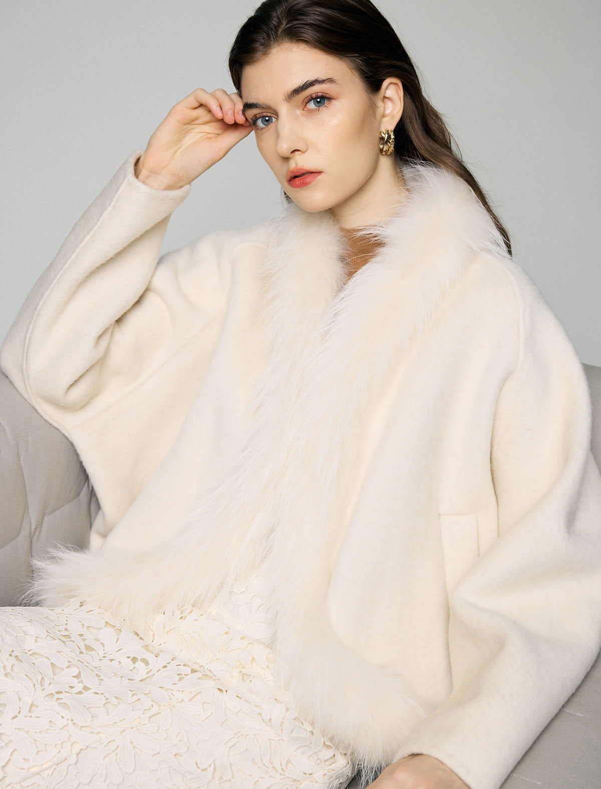 Wool Blend Plush-Collar Open-Front Cropped Jacket
