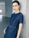 Belted Short Sleeve Denim Sheath Mini Dress