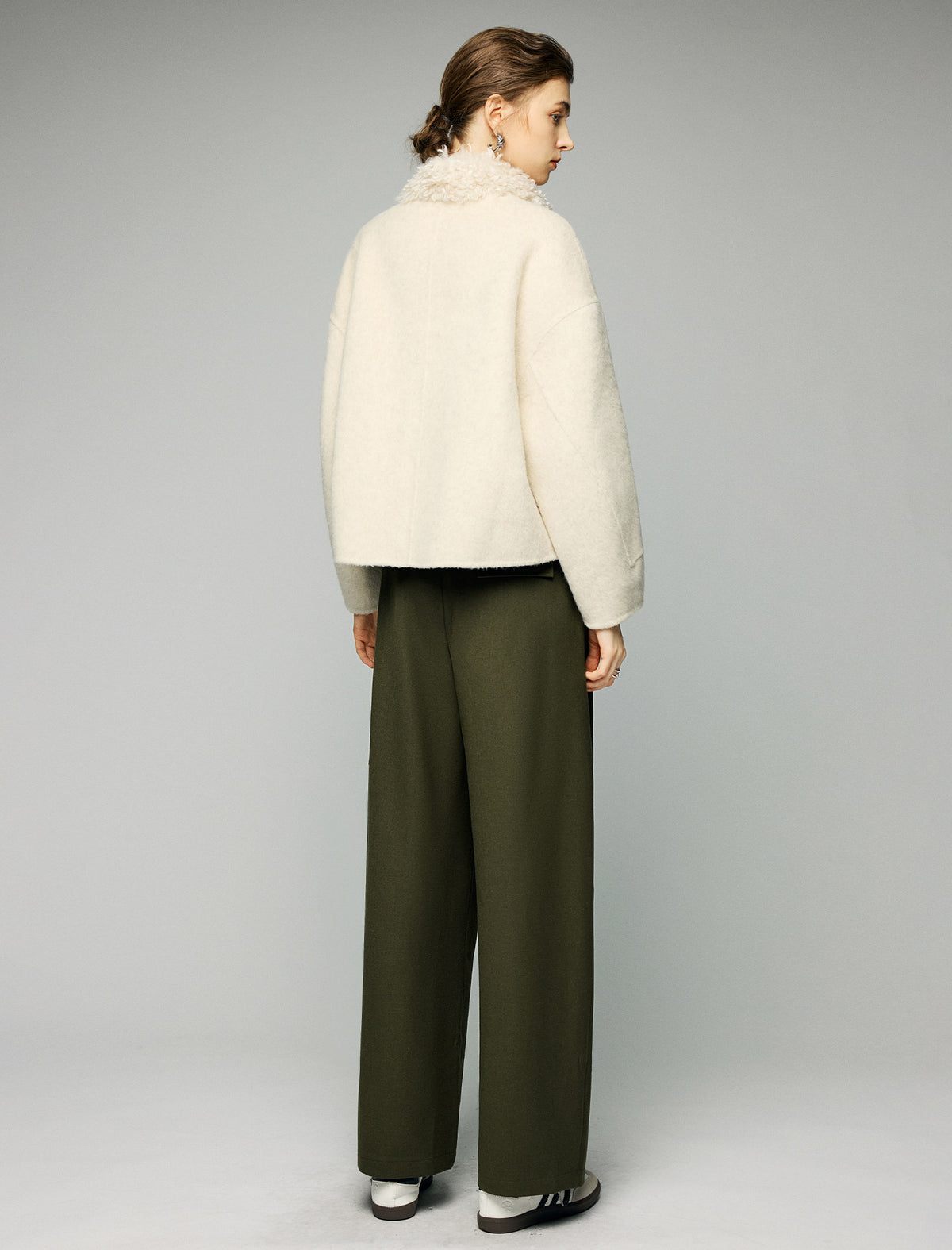 Wool Blend Contrast-Panel Stand-Collar Zip-Front Cropped Jacket