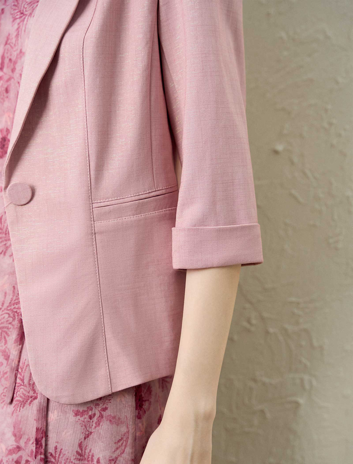 Dusty Pink Single Button Rolled Cuff 3/4 Sleeve Blazer