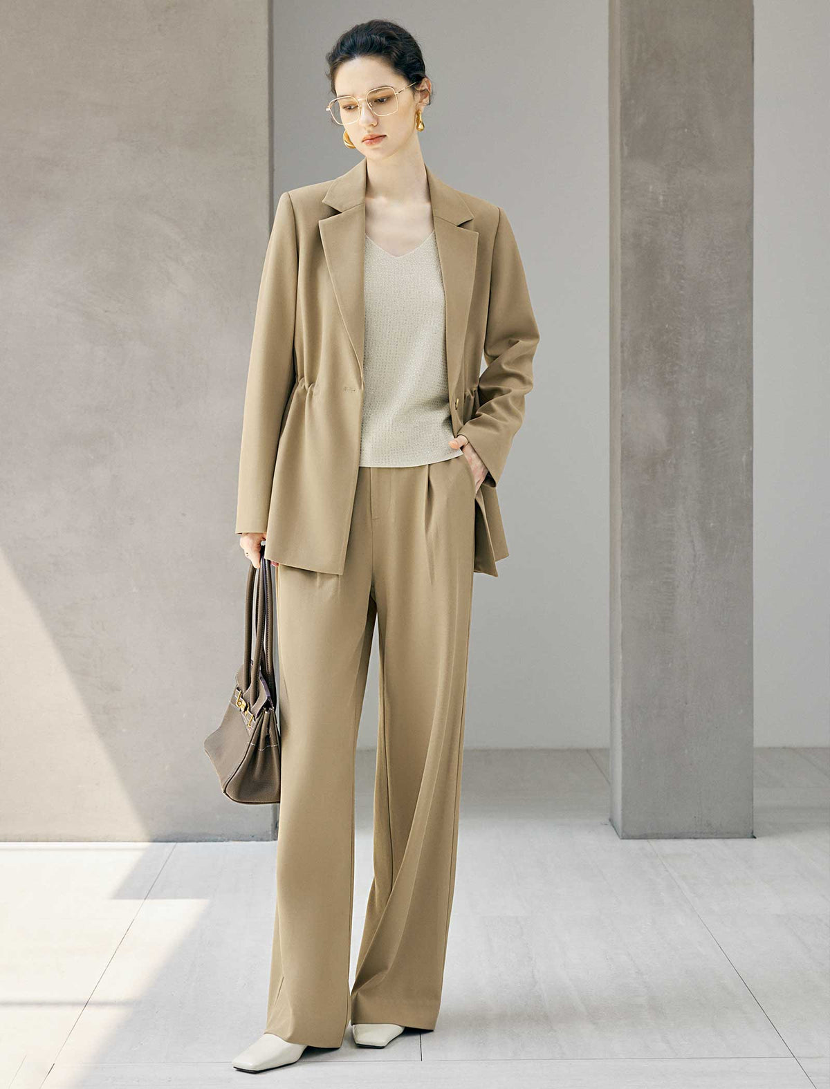Notched Lapel Drawstring Waist Long Sleeve Jacket
