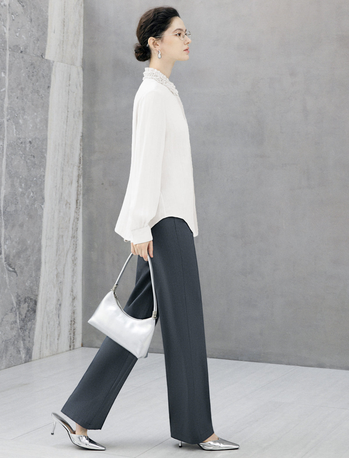Ruffled Mock Neck Textured Blouse