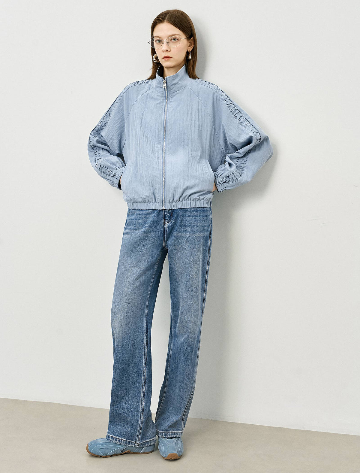 Stand Collar Zip Front Utility Jacket Coat