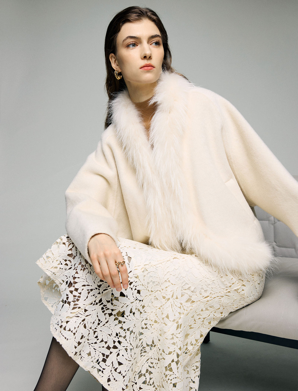 Wool Blend Plush-Collar Open-Front Cropped Jacket