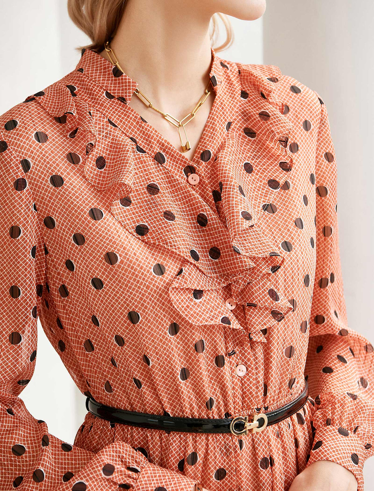 Peach Polka Dot Ruffled Neck Midi Dress