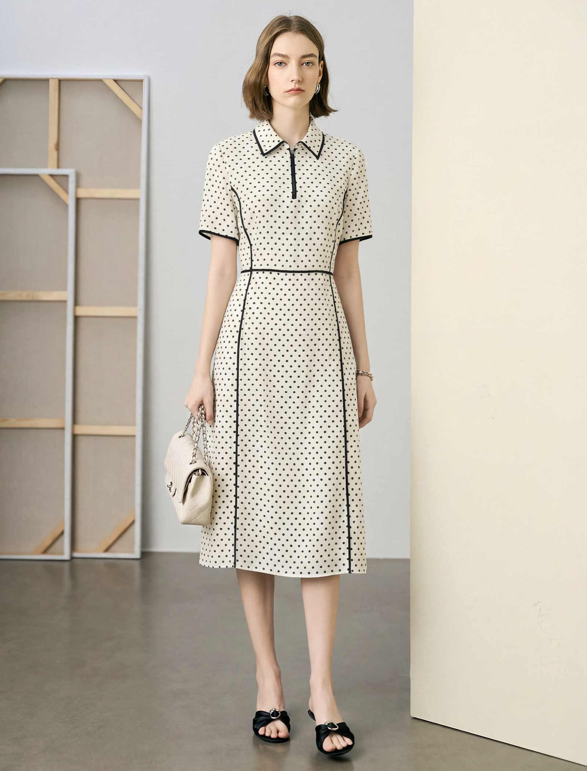 Ivory Polka Dot Contrast Trim Midi Shirt Dress