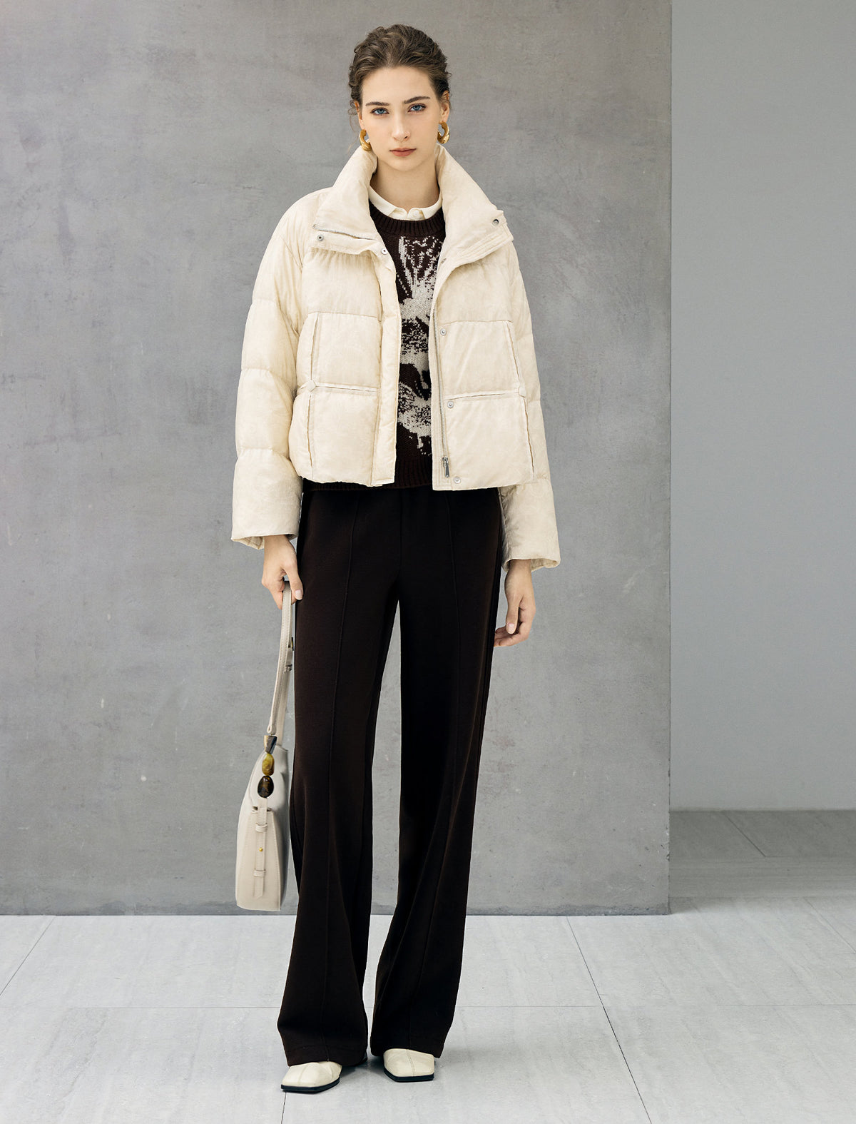 Textured Stand-Collar Zip-Front Pocket Cropped Puffer Jacket