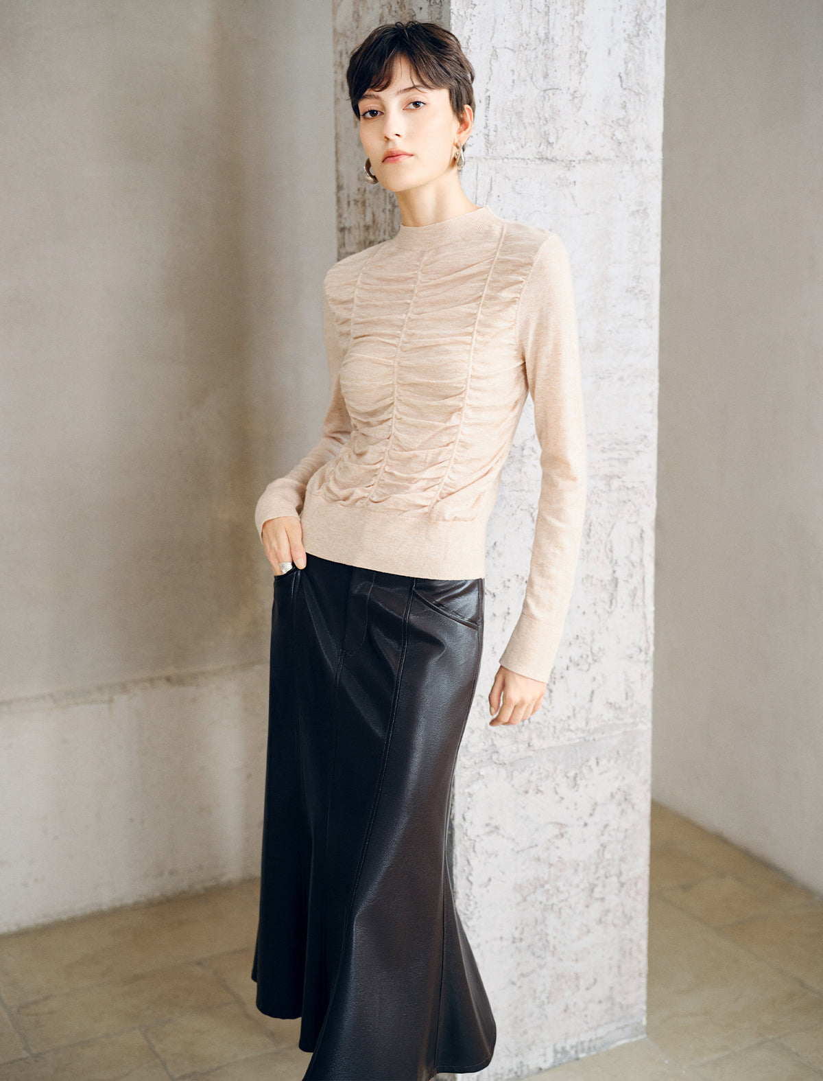 Wool Blend Ruched Front Mock Neck Long Sleeve Knit Top