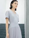 Light Gray Mixed Fabric Pleated Midi Dress