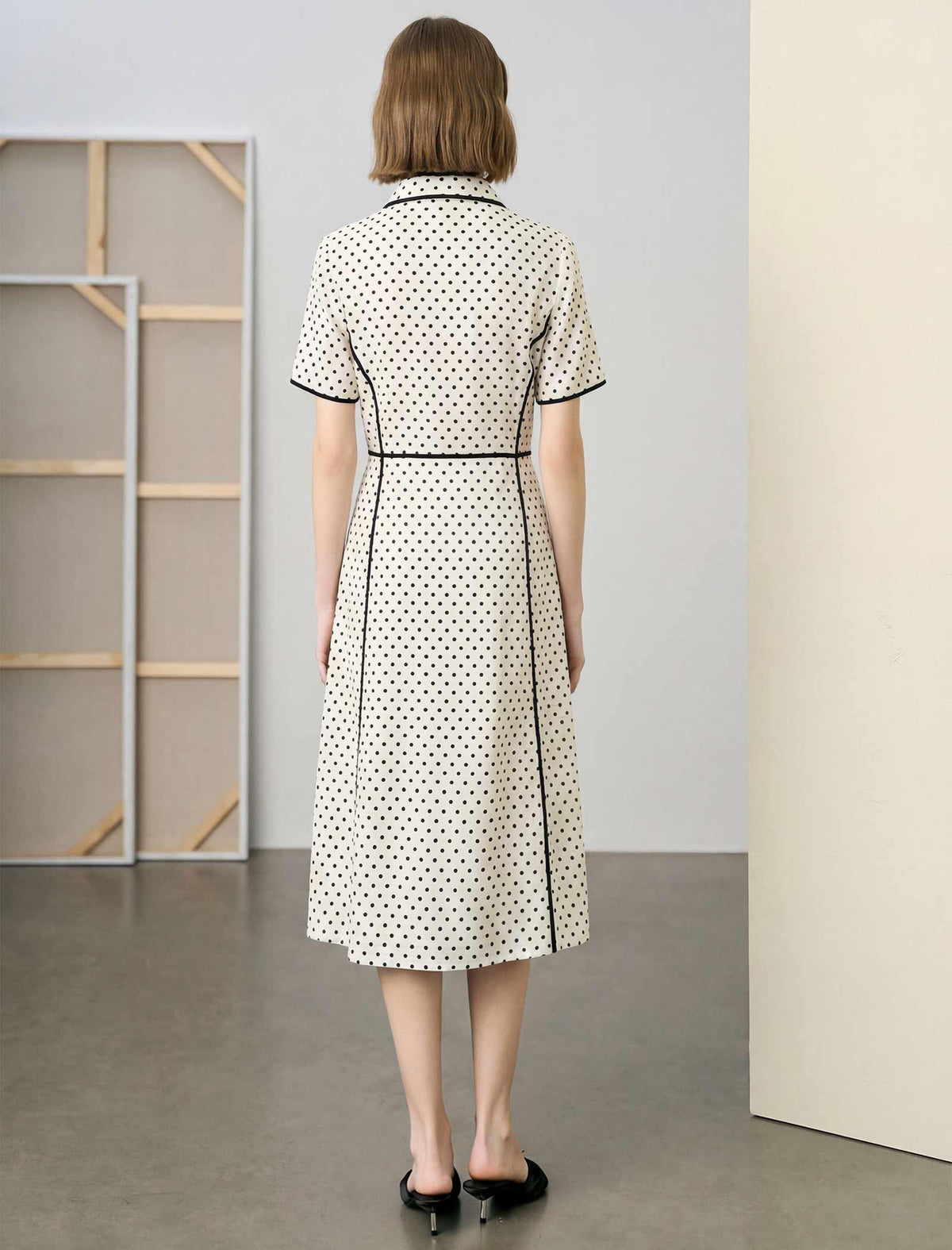 Ivory Polka Dot Contrast Trim Midi Shirt Dress