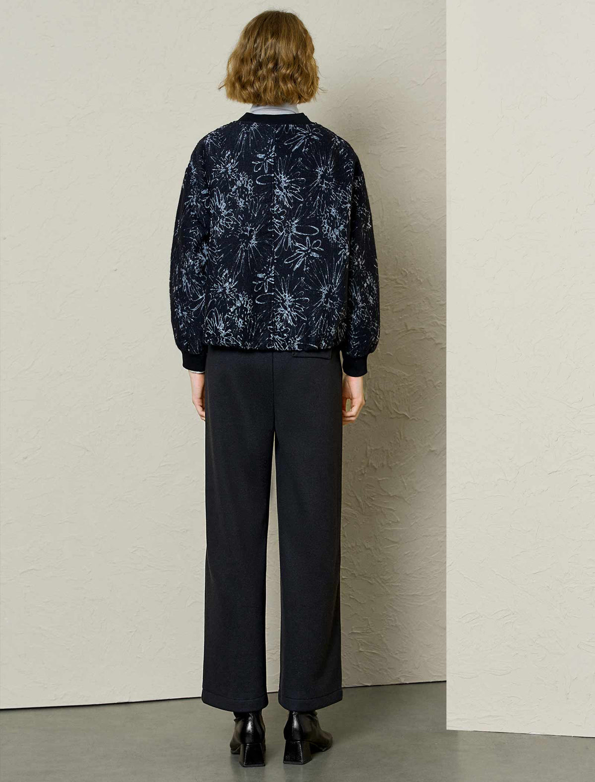 Black Textured Jacquard Floral Bomber Jacket