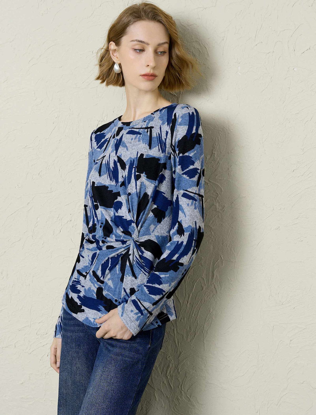 Blue Abstract Print Twist Front Long-Sleeve Top