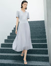 Light Gray Mixed Fabric Pleated Midi Dress