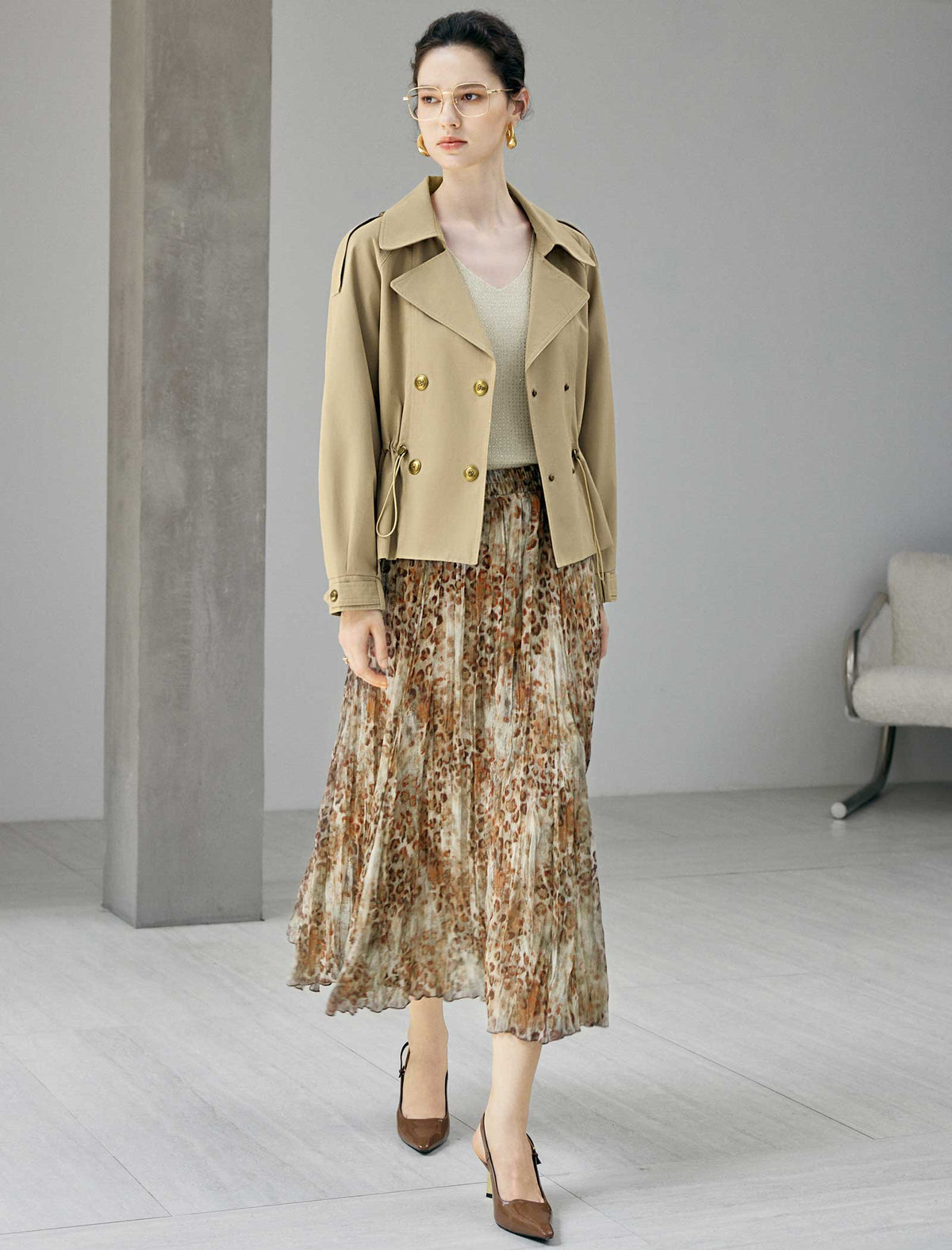 Abstract Print Pleated A-Line Midi Skirt