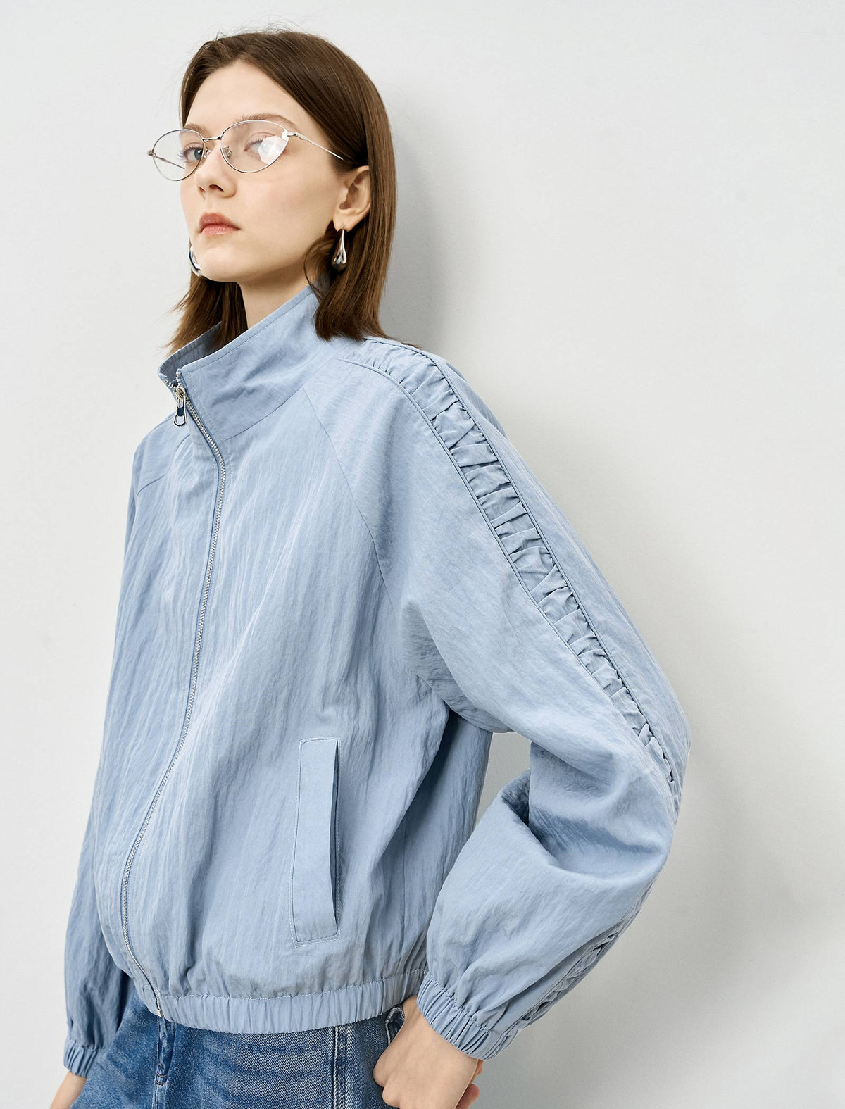 Stand Collar Zip Front Utility Jacket Coat