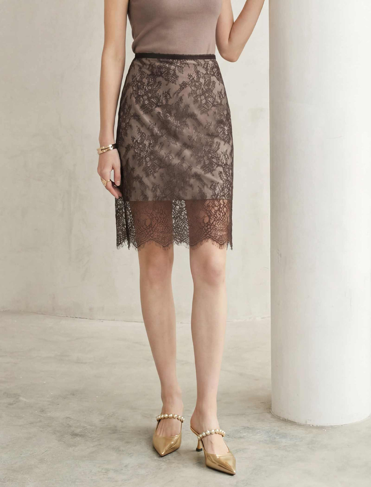Sheer Lace Midi Skirt