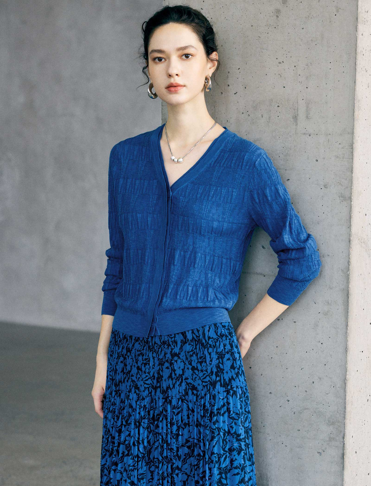 Textured V-Neck Button Front Long Sleeve Cardigan