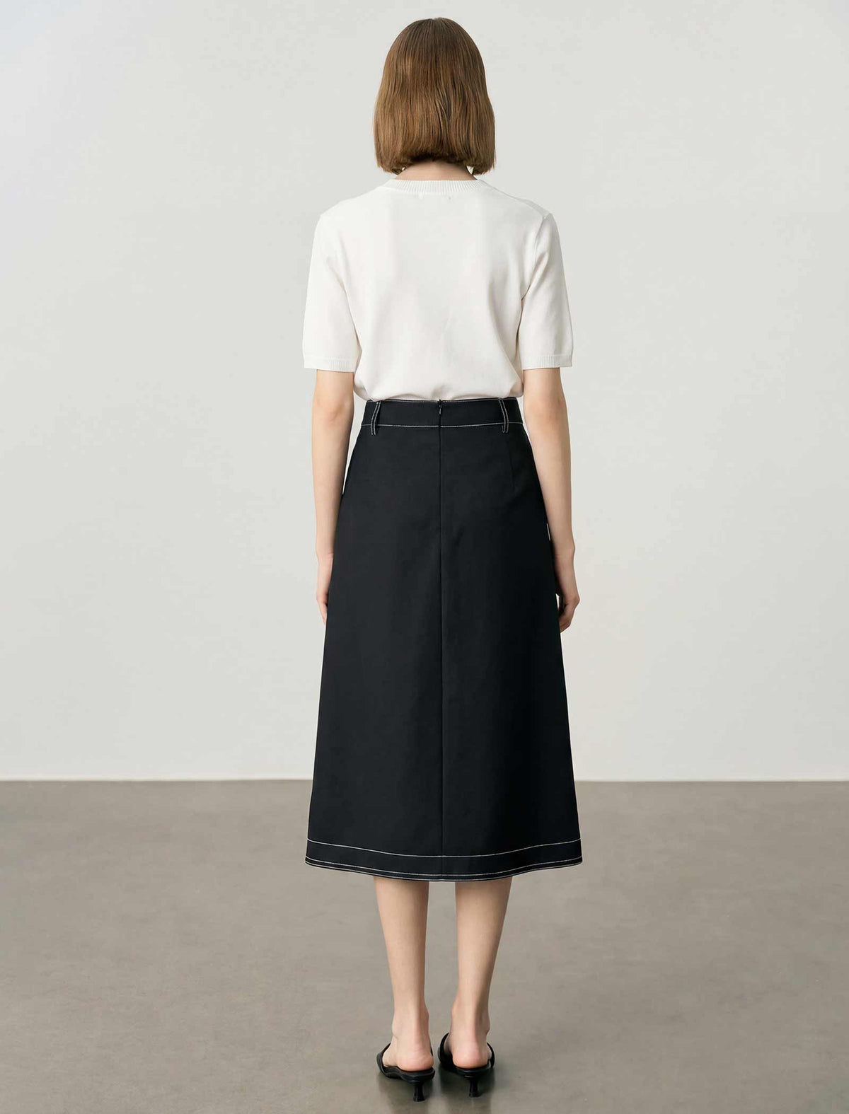 Black Contrast Stitch Midi Wrap Skirt