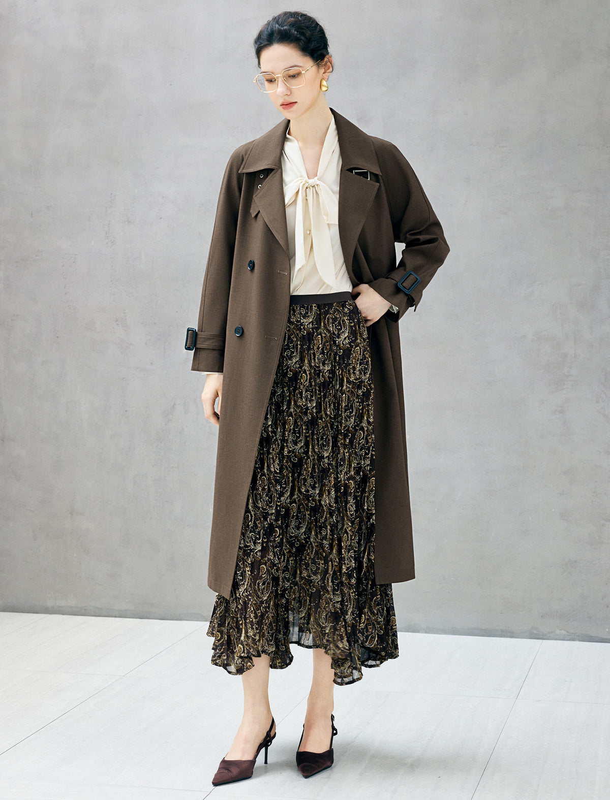 Notched Lapel Double Breasted Belted Knee-Length Trench Coat