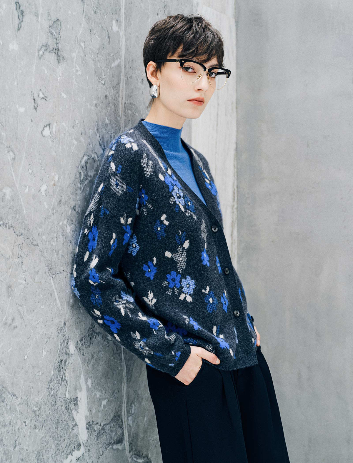 Floral V-Neck Button Front Knit Cardigan