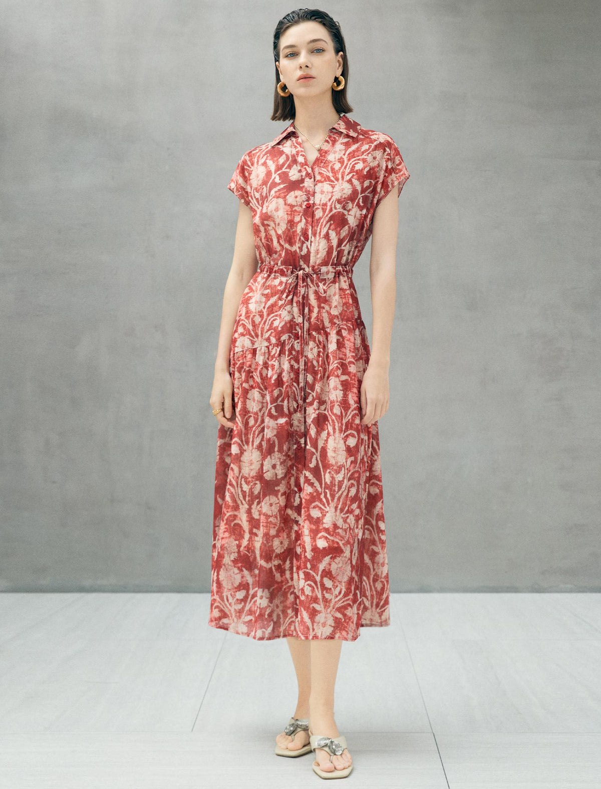 Rust Red Tie-Dye Floral Print Button-Down Midi Shirt Dress